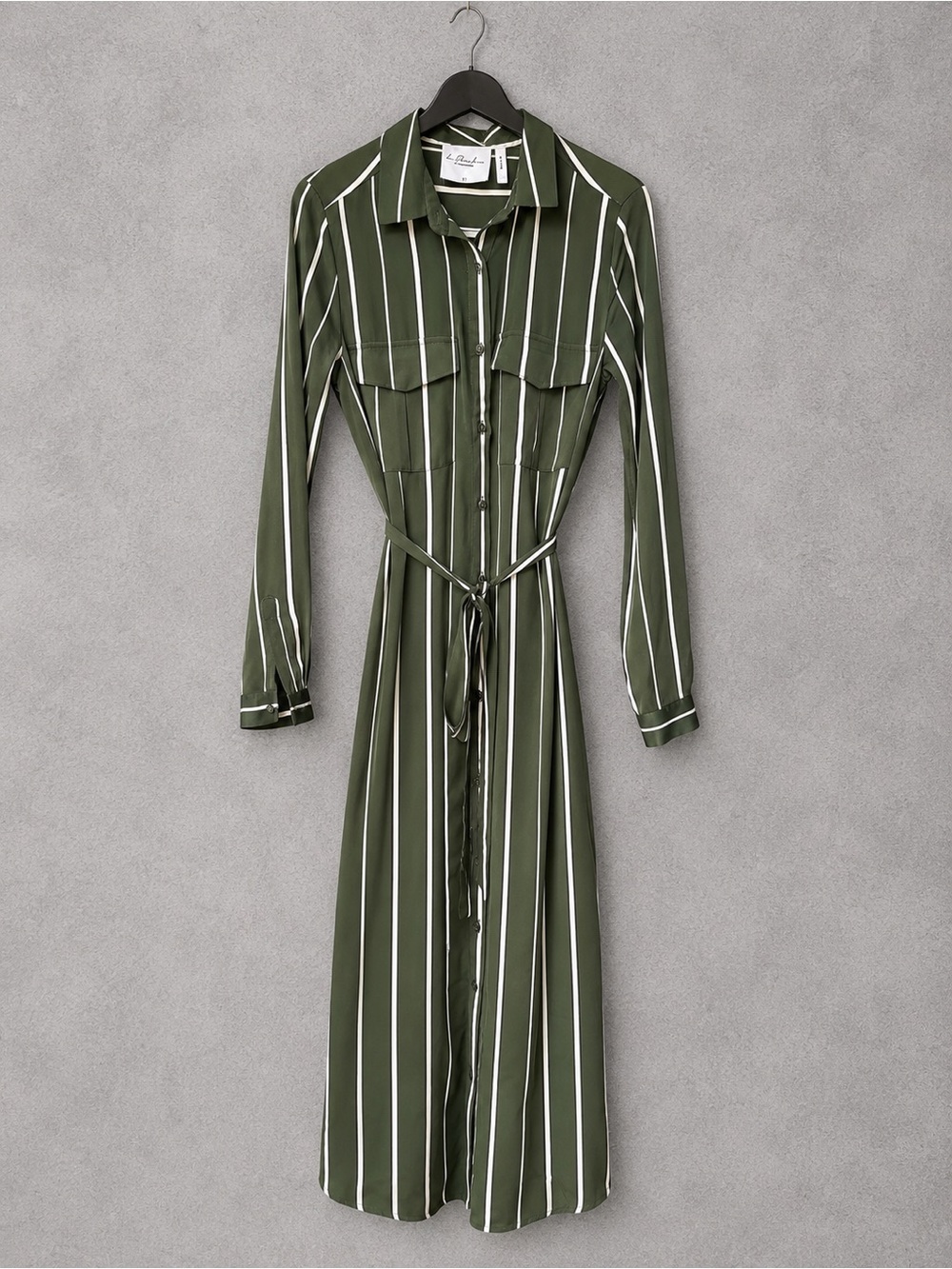 L’Académie Los Angeles Olive Green Striped Button Front Tie Waist Midi Dress XS